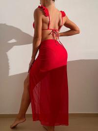 Red Three Piece Bikini with Side Cut Cover Up