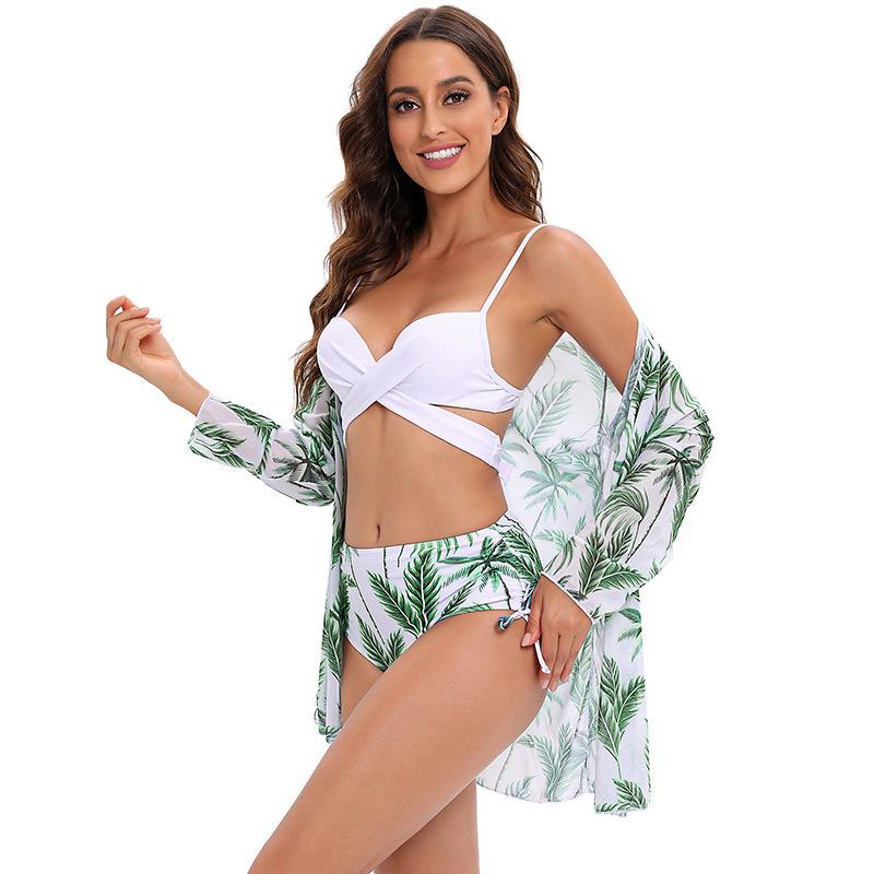 Green Leaf Printed Swimsuit with Outer
